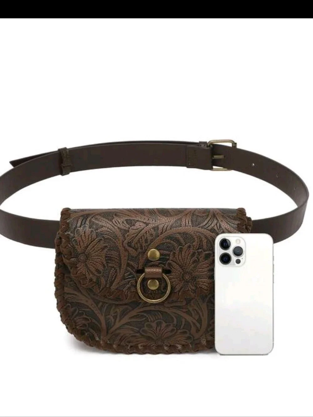 Brown Tooled Faux Leather Belt Bag